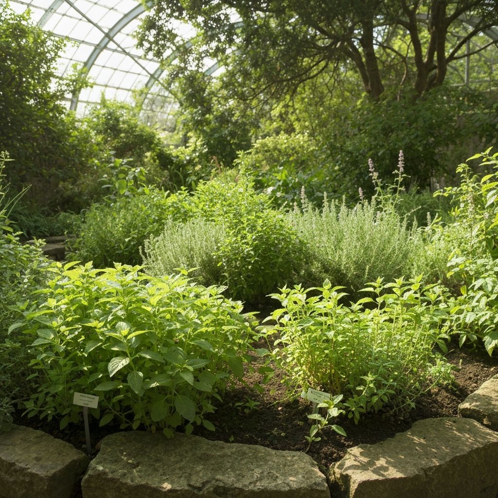 Lush botanical garden with herbs and natural plants