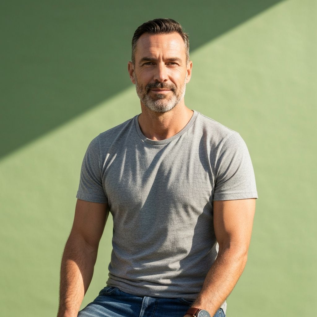 Man over 40 with confident healthy appearance and well-maintained skin